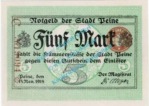 Peine , Notgeld 5 Mark Schein in kfr. Geiger 410.07.a , Niedersachsen 1918 Großnotgeld