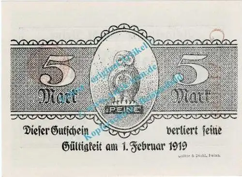 Peine , Notgeld 5 Mark Schein in kfr. Geiger 410.07.a , Niedersachsen 1918 Großnotgeld