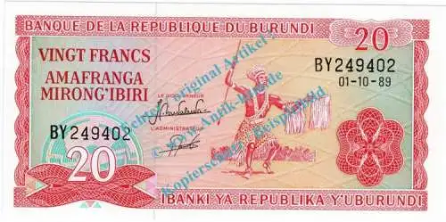 Banknote Burundi - Burundi , 20 Francs Schein -Tänzer re.- von 1989 in unc - kfr