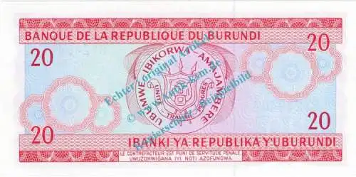 Banknote Burundi - Burundi , 20 Francs Schein -Tänzer re.- von 1989 in unc - kfr