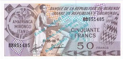 Banknote Burundi - Burundi , 50 Francs Schein -Trommeln li.- von 1988 in unc - kfr