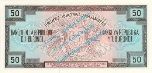 Banknote Burundi - Burundi , 50 Francs Schein -Trommeln li.- von 1988 in unc - kfr