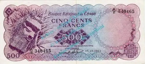 Banknote Kongo - Congo , 500 Francs Schein -Maske Li.- von 1961 in unc - kfr