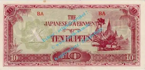 Banknote Burma , 10 Rupien Schein -Japanese Government- ND 1942-44 in unc - kfr