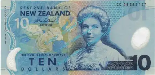 Banknote Neuseeland - New Zealand , 10 Dollar Schein -Kate Sheppard- in unc-kfr
