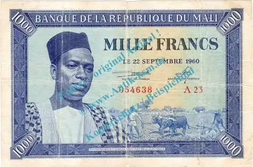 Banknote Mali , 1.000 Francs Schein -Farmers- von 22.09.1960 in used - gbr