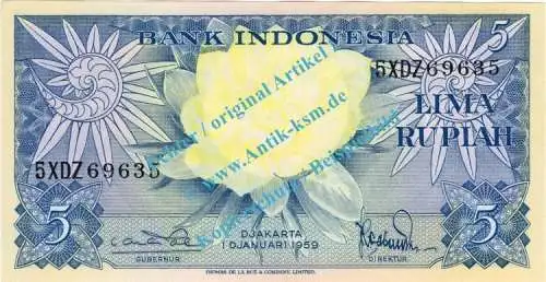 Banknote Indonesien - Indonesia , 5 Rupiah Schein -Blume- von 1959 in unc - kfr