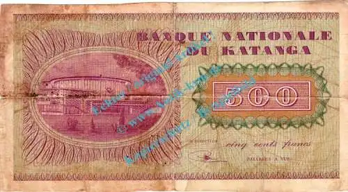 Banknote Katanga , 500 Francs --Remainder Without Serial-- von 1960 in circ - gbr