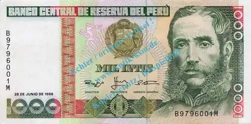 Banknote Peru , 1.000 Intis Schein -Andres Avelino Caceres- von 1986-88 in unc - kfr