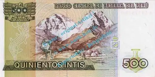 Banknote Peru , 500 Intis Schein -Tupac Amaru II- von 1985-87 in unc - kfr