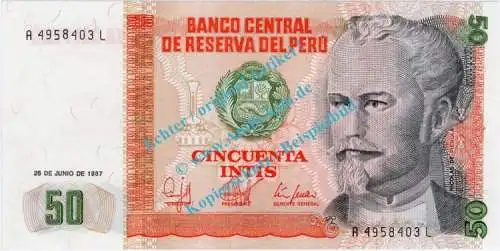 Banknote Peru , 50 Intis Schein -Nicolas De Pierola- von 1986-87 in unc - kfr