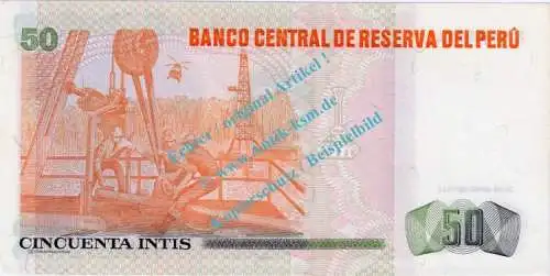 Banknote Peru , 50 Intis Schein -Nicolas De Pierola- von 1986-87 in unc - kfr
