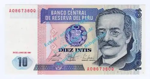 Banknote Peru , 10 Intis Schein -Ricardo Palma- von 1987 in unc - kfr