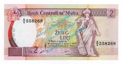 Banknote Malta , 2 Liri Schein -Tauben Li.- von 1967-1989 in unc - kfr