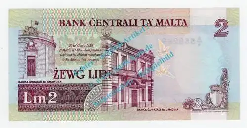 Banknote Malta , 2 Liri Schein -Tauben Li.- von 1967-1989 in unc - kfr
