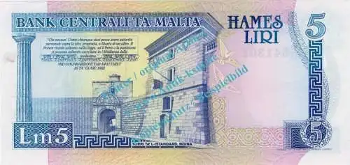 Banknote Malta , 5 Liri Schein -Tauben Li.- von 1967-1989 in unc - kfr