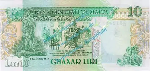 Banknote Malta , 10 Liri Schein -Tauben Li.- von 1967-1989 in unc - kfr