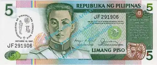 Banknote Philippinen - Philippinas , 5 Piso Schein von 1987 in unc - kfr
