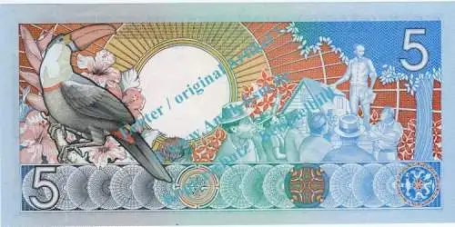 Banknote Suriname , 5 Gulden Schein -Anton DeKom- von 1988 in unc - kfr