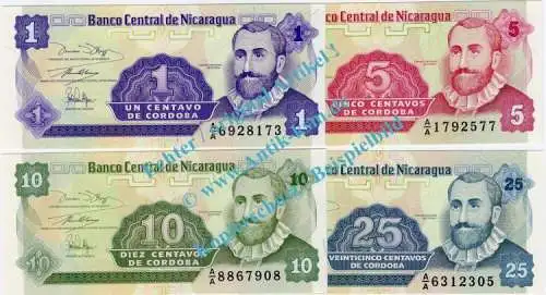 Banknoten Nicaragua , 1 bis 25 Centavos , 4 Scheine ND 1991 in unc - kfr