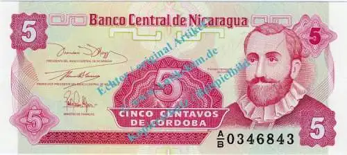 Banknote Nicaragua , 5 Centavos Schein -F.H.Cordoba- ND 1991 in unc - kfr