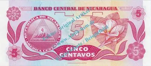 Banknote Nicaragua , 5 Centavos Schein -F.H.Cordoba- ND 1991 in unc - kfr