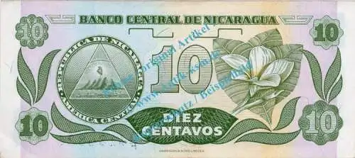Banknote Nicaragua , 10 Centavos Schein -F.H.Cordoba- ND 1991 in unc - kfr