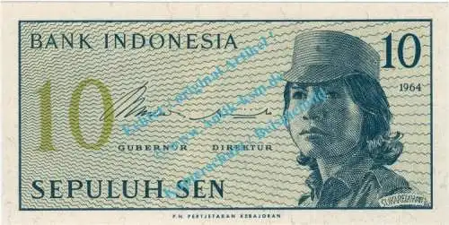 Banknote Indonesien - Indonesia , 10 Sen Schein von 1964 in unc - kfr