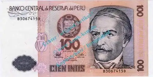 Banknote Peru , 100 Intis Schein -Ramon Castilla- von 1987 in unc - kfr