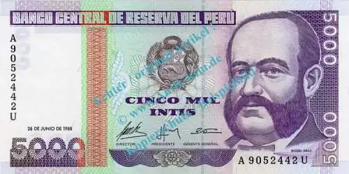 Banknote Peru , 5.000 Intis Schein -Miguel Grau- von 1988 in unc - kfr