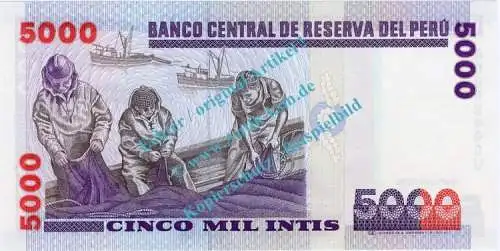 Banknote Peru , 5.000 Intis Schein -Miguel Grau- von 1988 in unc - kfr
