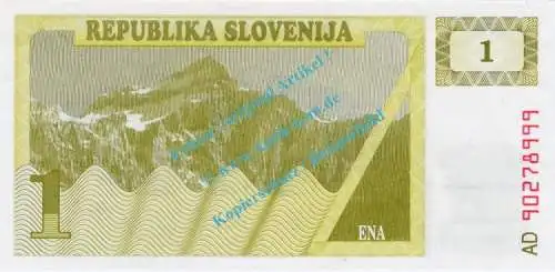 Banknote Slowenien - Slovenia , 1 Tolar Schein von 1990 in unc - kfr