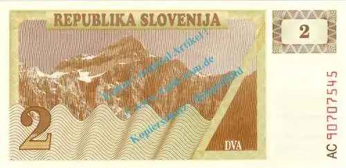 Banknote Slowenien - Slovenia , 2 Tolarjev Schein von 1990 in unc - kfr