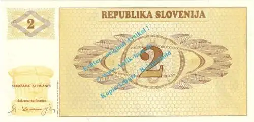 Banknote Slowenien - Slovenia , 2 Tolarjev Schein von 1990 in unc - kfr