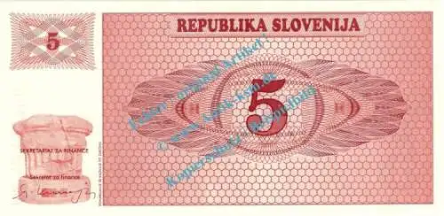Banknote Slowenien - Slovenia , 5 Tolarjev Schein von 1990 in unc - kfr