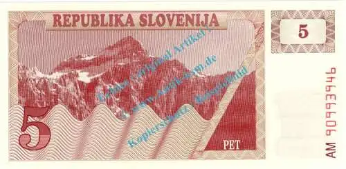 Banknote Slowenien - Slovenia , 5 Tolarjev Schein von 1990 in unc - kfr