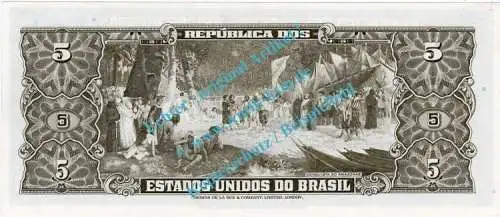 Banknote Brasilien - Brazil , 5 Cruzeiros Schein von 1963 in unc - kfr