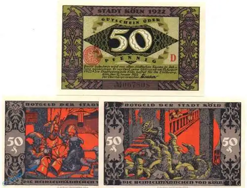 Notgeld Köln , Set mit 3 Scheinen in kfr. Mehl Grabowski 717.2 , von 1922 , Westfalen Seriennotgeld