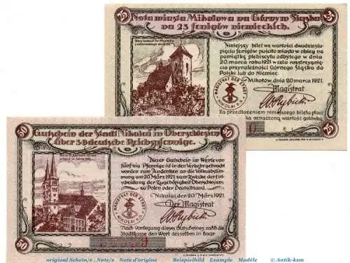 Notgeld Stadt Nikolai 976.1 , Set mit 2 Scheinen in kfr. von 1921 , Oberschlesien Seriennotgeld