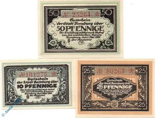 Notgeld Bernburg , Set mit 3 Scheinen , Tieste 0520.15.10 bis 12 , von 1920 , Anhalt Verkehrsausgabe