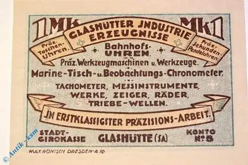 Notgeld Stadt Glashütte 430.1 , 1 Mark Schein Nr.6 in kfr. von 1921 , Sachsen Seriennotgeld