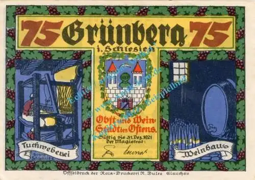 Grünberg , Notgeld 75 Pfennig Nr.6 -sehr dünn- in kfr. M-G 489.2.b , Schlesien 1921 Seriennotgeld