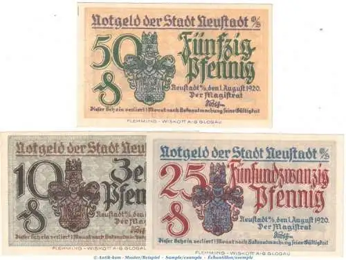 Notgeld Stadt Neustadt Osl. Set mit 3 Scheinen in kfr. von 1920 Tieste 4960.20.15-17 , Schlesien Verkehrsausgabe