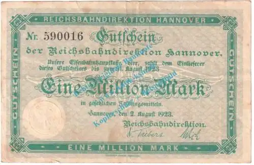 Hannover , Notgeld 1 Million Mark Schein in gbr. Keller 2165.c , Niedersachsen 1923 Grossnotgeld Inflation