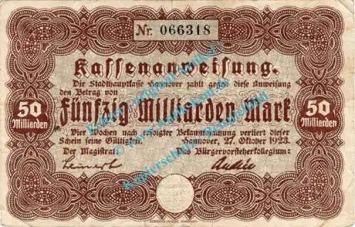 Hannover , Notgeld 50 Milliarden Mark Schein in gbr. Keller 2148.e , Niedersachsen 1923 Grossnotgeld - Inflation