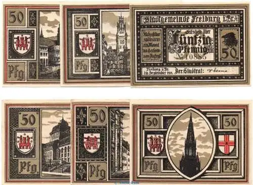Notgeld Stadt Freiburg 382.1 , Set mit 6 Scheinen in kfr. von 1921 , Baden Württemberg Seriennotgeld