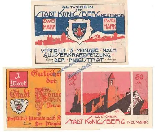 Königsberg N.M. Notgeld Set mit 3 Scheinen in kfr. M-G 722.1-2.b , Brandenburg o.D. Seriennotgeld