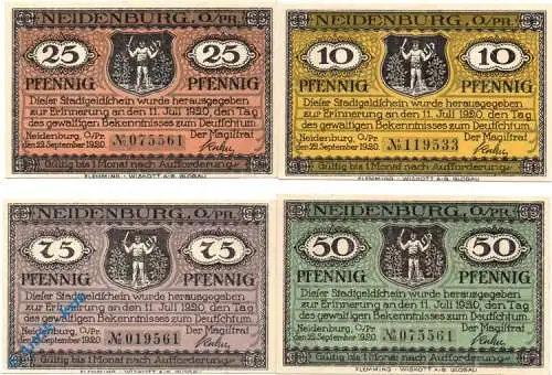 Notgeld Neidenburg , Set mit 4 Scheinen , Mehl Grabowski 932.2 , von 1920 , Ostpreussen Serien Notgeld