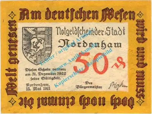 Nordenham , Notgeld 50 Pfennig -16 mm- Nr.1 in kfr. M-G 982.2.a , Niedersachsen 1921 Seriennotgeld