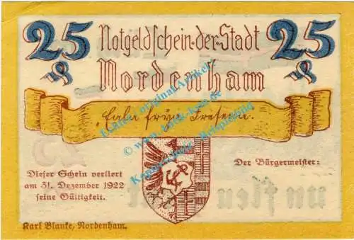 Nordenham , Notgeld 25 Pfennig Nr.1 -Fehldruck- in kfr. M-G 982... Niedersachsen o.D. Seriennotgeld